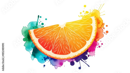 Vibrant Orange Slice with Colorful Watercolor Splashes.