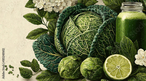 Fresh green vegetables, fruits, and a jar with green beverage, arranged decoratively.