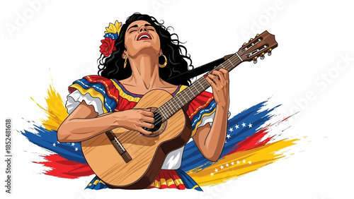 Vibrant Venezuelan Woman Playing Guitar with Passionate Expression.