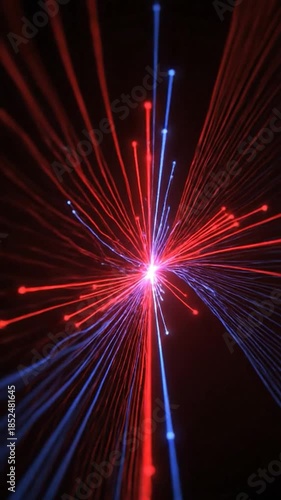 Red and blue light rays converge from sides to form a bright, central point in a dark space