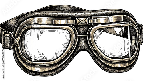 Vintage Aviator Goggles With Leather Strap Detailed Illustration.