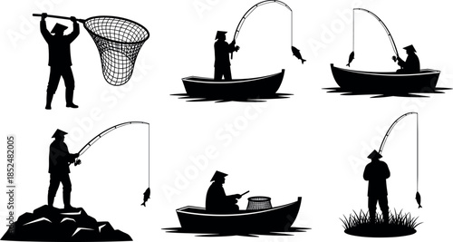 Fishing activity silhouettes collection with fishermen boats nets rods river lake traditional livelihood black vector illustration isolated set