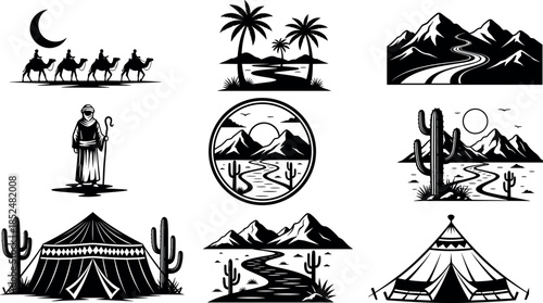 Desert landscape travel silhouettes collection with camels tents mountains palm oasis nomad journey black vector illustration isolated set