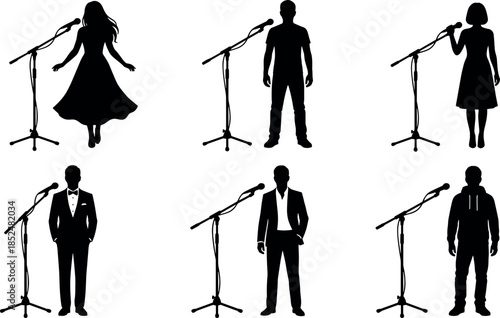 Male and female singer silhouettes performing on stage with microphone stands concert music show vector illustration set isolated