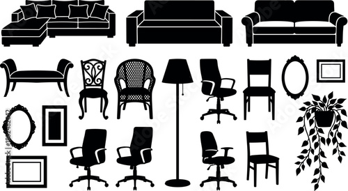 Home interior furniture silhouette icons collection sofas chairs lamps frames plants modern living room decor vector set