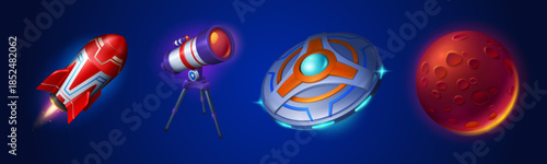 Rocket, telescope, alien spaceship and planet