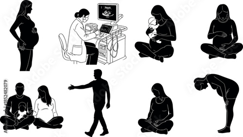 Pregnancy and motherhood life stages silhouettes set prenatal care ultrasound mother baby family wellness black vector illustration isolated