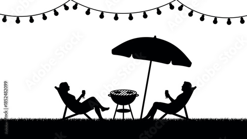 Relaxed people enjoying outdoor barbecue party silhouettes with drinks umbrella lights garden leisure summer evening vector illustration isolated