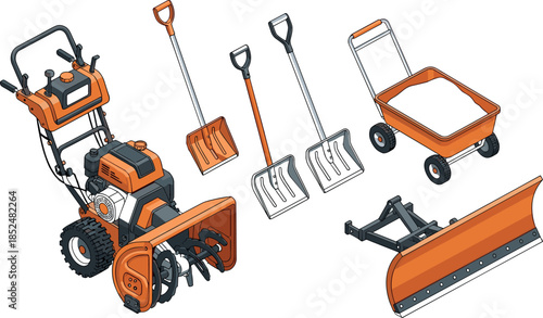 Snow removal equipment illustration set featuring snow blower shovel plow cart and winter tools for driveway sidewalk clearing