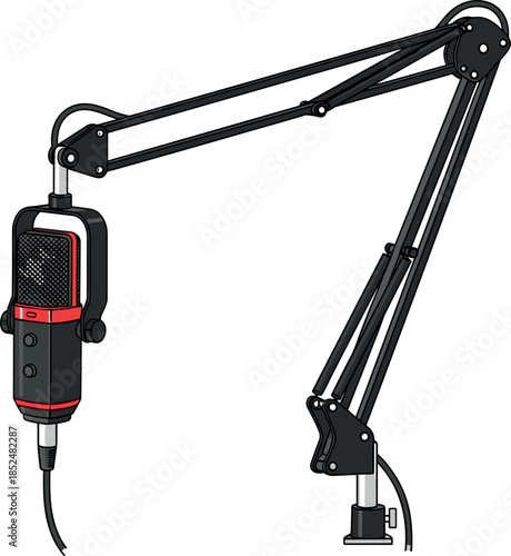 Studio microphone with adjustable boom arm illustration showing professional audio recording equipment for podcast streaming broadcasting and content creation