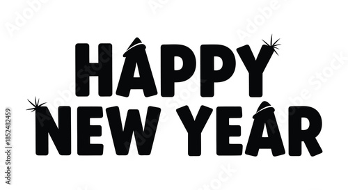 Bold black lettering displays a celebratory new year message with sparkling star details silhouette