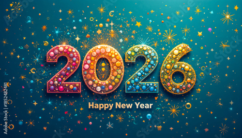 Vibrant 2026 happy new year text with confetti on dark background