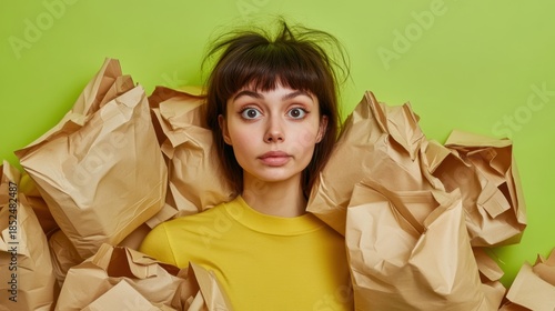 Woman Surrounded by Crumpled Paper Bags.