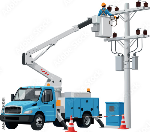 Utility bucket truck with electrician repairing power lines illustration showing electrical maintenance work energy infrastructure safety operations and utility services