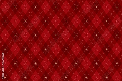A Christmas checkerboard pattern with white lines and gold stars and squares, perfect for backgrounds, gift wrapping paper, or as a separate vector image on a red background.
