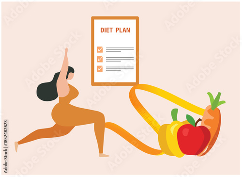Diet plan concept. People do jogging and riding and eating healthy food for dietary eating, meal planning, healthy lifestyle and nutrition vector illustration
