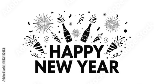 Festive new year celebration with champagne bottles fireworks and bold text in a silhouette