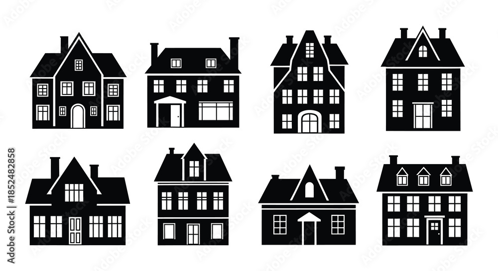 Fototapeta premium A collection of stylized black and white house silhouettes in a row