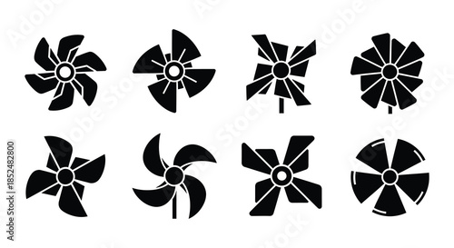 Black and white illustrations depicting various abstract floral or propeller shapes