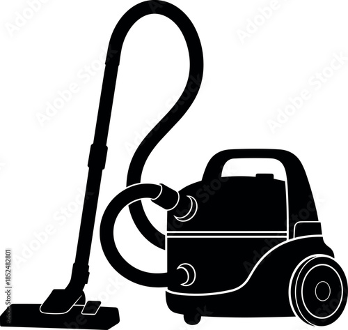 Vacuum cleaner silhouette illustration showing household cleaning appliance with hose and brush for home hygiene maintenance and floor care