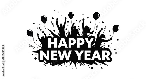 Celebratory new year design featuring balloons confetti and raised hands in silhouette