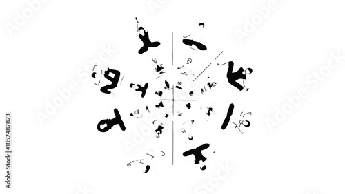 Abstract swirling black brush strokes forming a dynamic radial pattern on white background