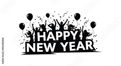 Celebratory new year design with balloons confetti and bold text a striking silhouette