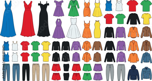 Women and men fashion clothing collection colorful dresses tops jackets pants shorts outfits flat vector illustration set isolated