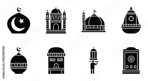 Islamic architecture icons mosques minarets and crescent moon symbols in black and white