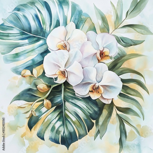 Watercolor orchids, tropical leaves, floral art, print design