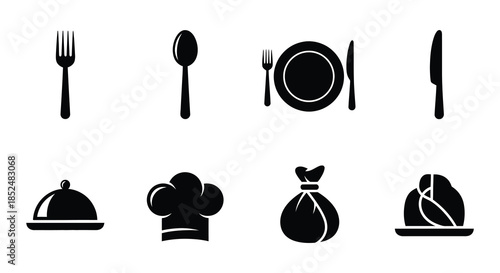 Black silhouette icons depicting various culinary dishes tableware and food preparation