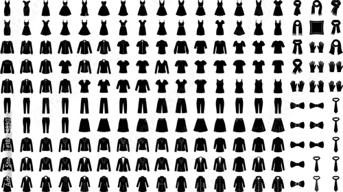 Women fashion clothing silhouettes collection dresses skirts pants tops accessories black vector icons isolated white background modern minimal design set