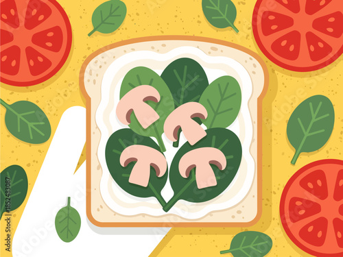 A colorful flat-style illustration depicts a slice of toast topped with cream, spinach, and mushrooms, framed by large red tomato slices and scattered greens on a speckled yellow background