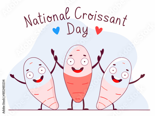 Cartoon croissants with smiling faces on National Croissant Day celebration