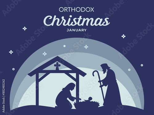 Orthodox Christmas nativity scene with Mary Joseph and baby Jesus in a manger under a starry night sky