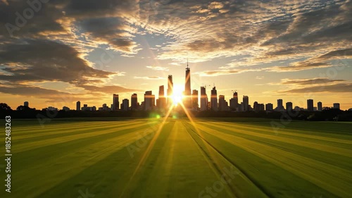 City skyline silhouette at sunset over green field with sun rays, 4k high quality video