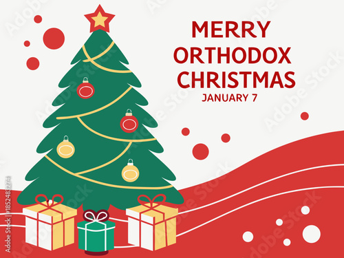 Merry Orthodox Christmas celebration with decorated tree and gifts  January 7