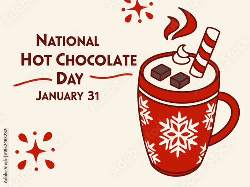 National Hot Chocolate Day illustration with red mug and marshmallows on January 31