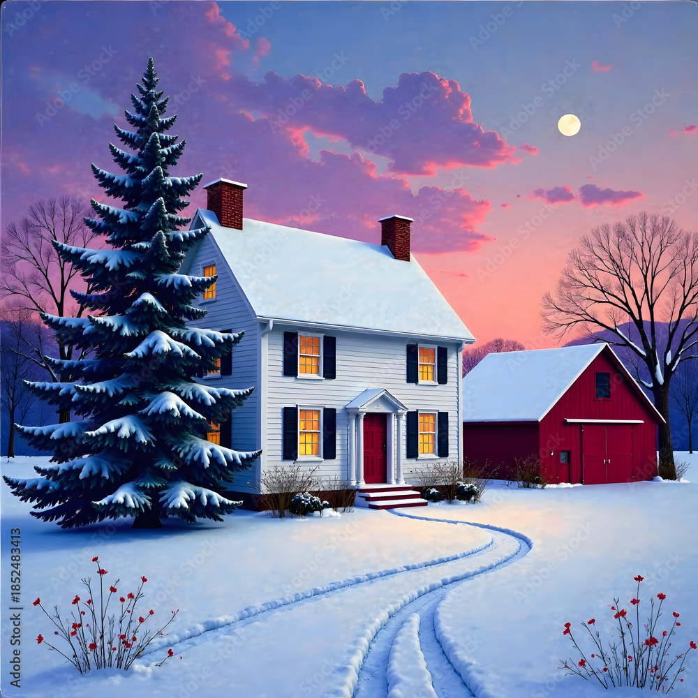 Fototapeta premium Snow-covered house and barn at dusk, painted style, with glowing windows, moonlit sky, and frosty landscape, concept of winter calm