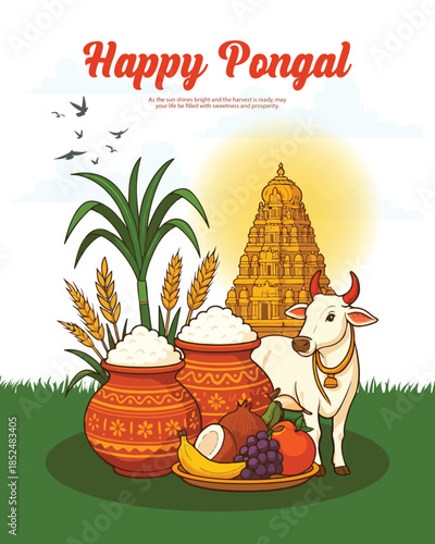 Pongal festival illustration with decorated clay pot, sugarcane and rice on clean background.
