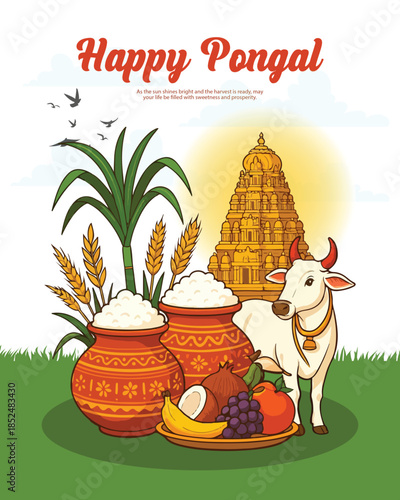 Pongal festival illustration with decorated clay pot, sugarcane and rice on clean background.