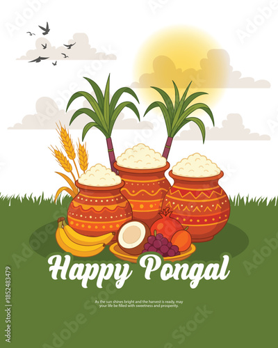 Pongal festival illustration with decorated clay pot, sugarcane and rice on clean background.