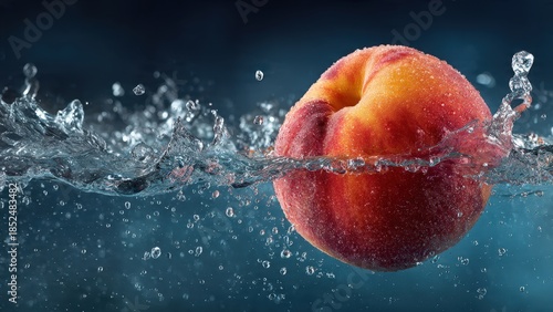 A ripe peach splashing into the water with a dramatic splash creating ripples and bubbles around it
