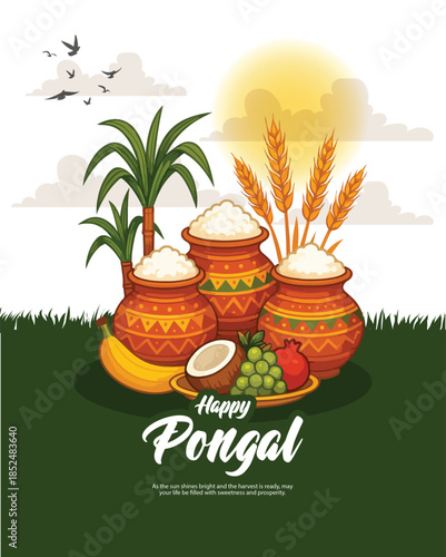Pongal festival illustration with decorated clay pot, sugarcane and rice on clean background.