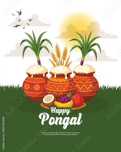 Pongal festival illustration with decorated clay pot, sugarcane and rice on clean background.