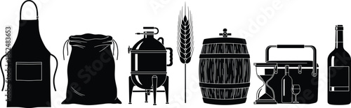 Vector Graphics Featuring Apron, Grain Sack, Fermenter, Wheat, Oak Barrel, and Wine Bottle, Ideal for Brewery, Distillery, or Winery Content.