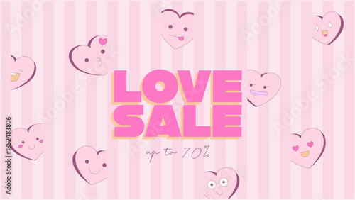 Cute Valentines Day love sale banner with smiling heart characters. Playful pink striped background for romantic promotions, holiday posters, flyers and modern marketing design.
