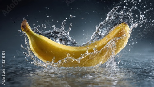 A ripe banana splashing into water, creating a dramatic splash, viewed from a low angle against a dark background.