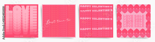 Bold Valentines Day sale poster and banner templates. Modern typographic love covers with geometric patterns, pink palette, promotional backgrounds for marketing, flyers and social media campaigns.
