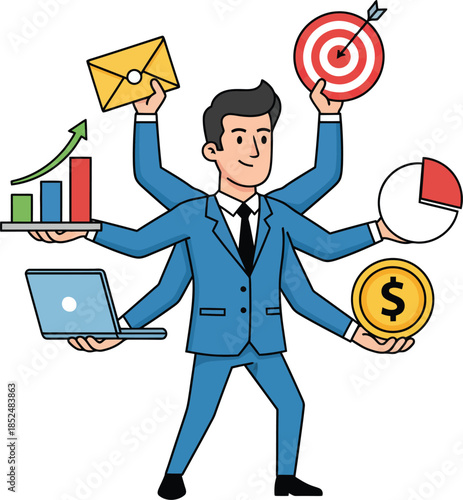 Multitasking Maestro: A dynamic business professional, embodying the essence of efficiency, effortlessly manages multiple tasks with skill and focus.